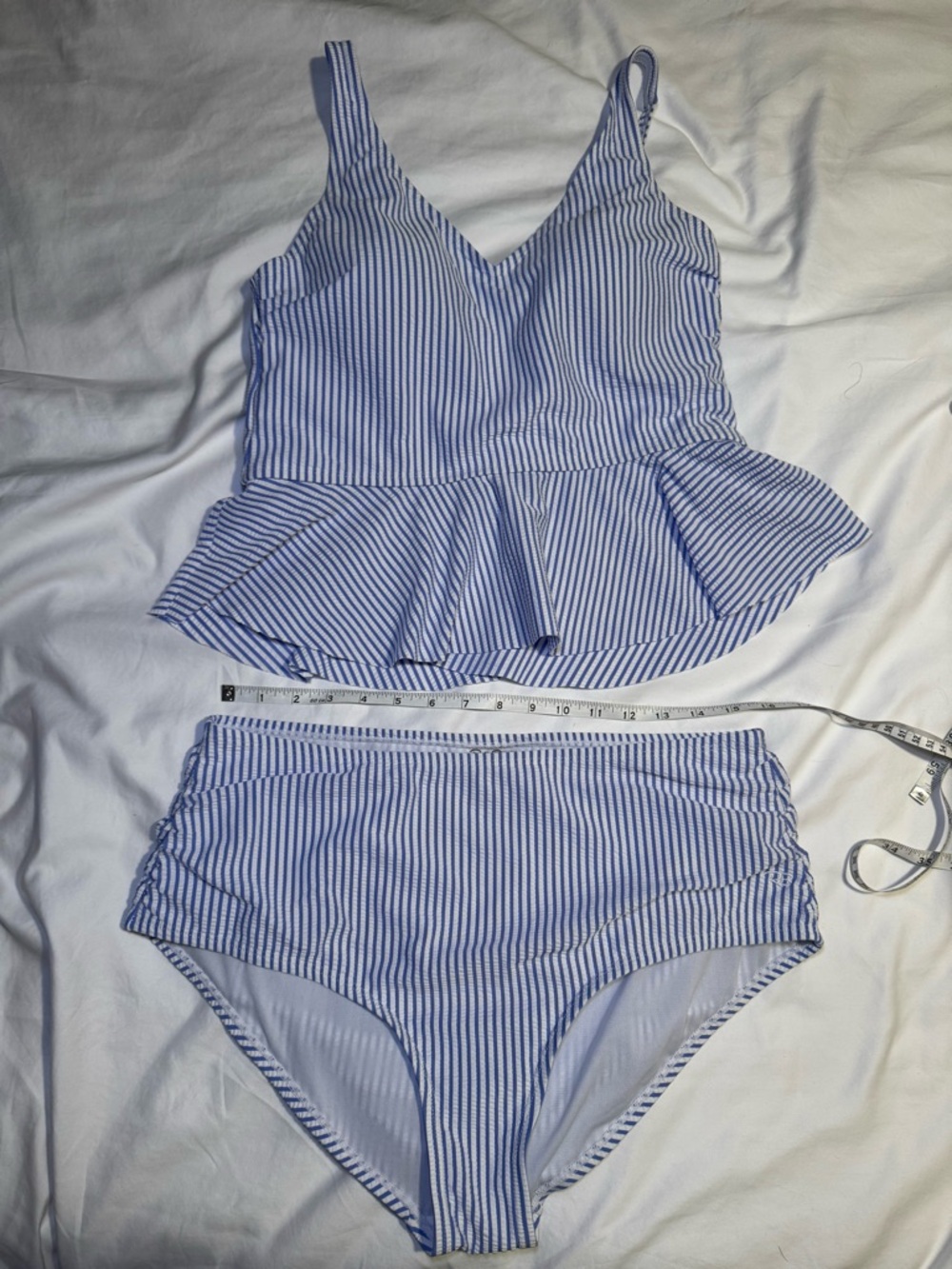 Rufflebutts Women’s Seersucker Blue & White Peplum Tankini Set- L Top, XL Bottom